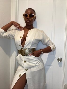 Cream Button-Front Dress with Statement Gold Belt
